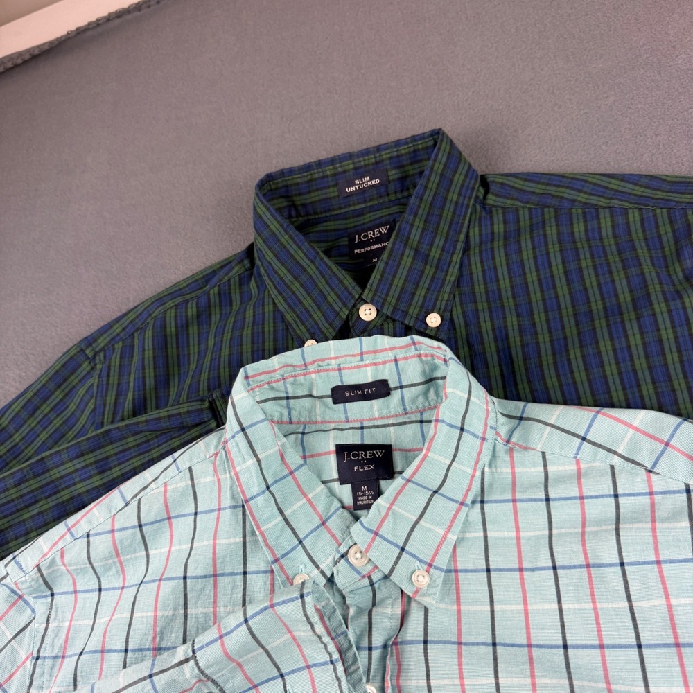 J Crew Shirt Men's M Blue Green Plaid Performance Flex Slim Fit Oxford Lot of 2